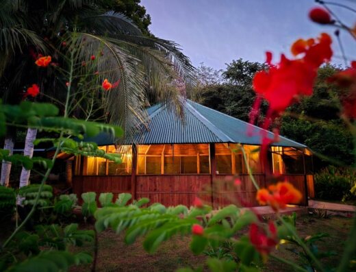 A beautiful maloka is shown surrounded by trees and flowers at an ayahuasca retreat